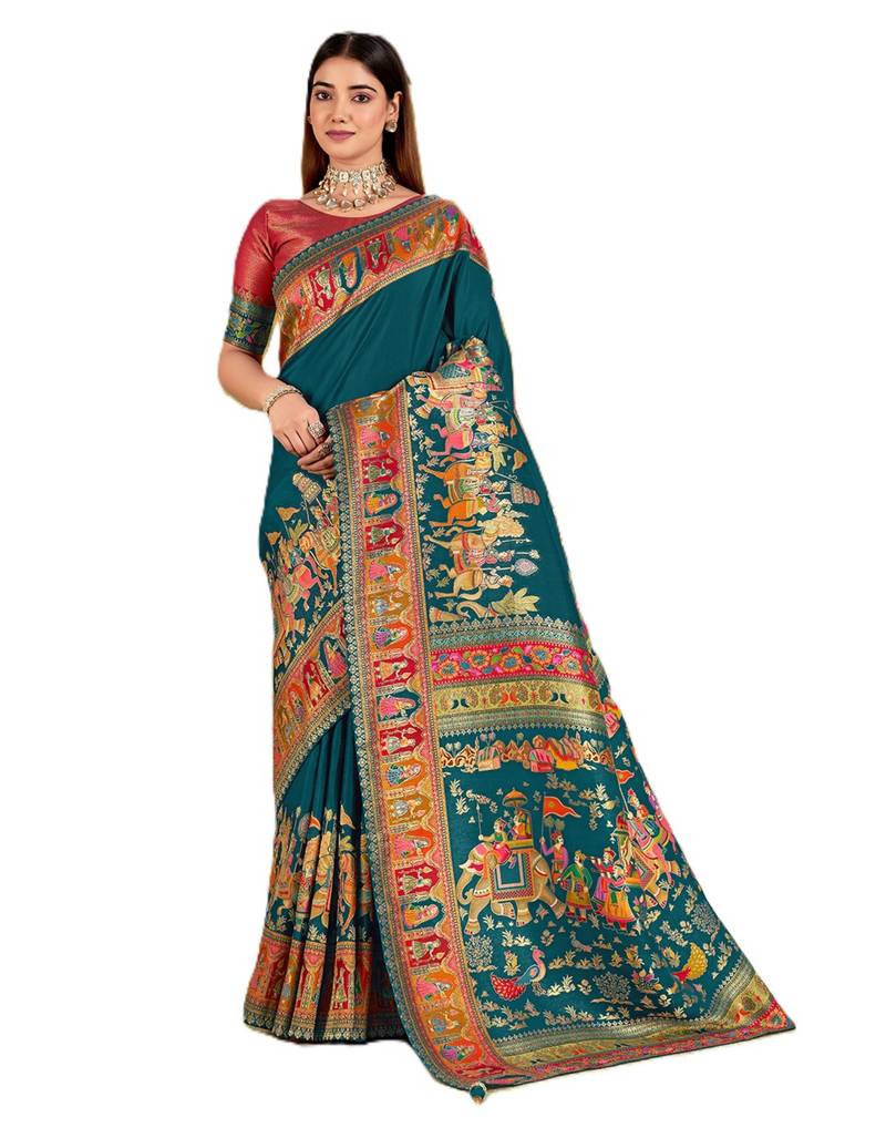 Blue position print with zari weaving saree with contrast blouse piece