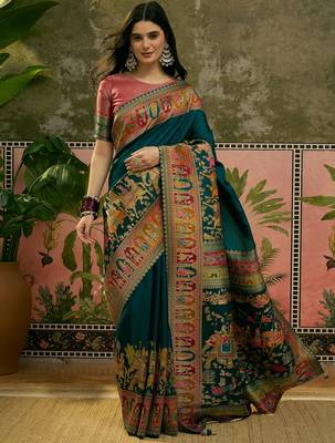 Blue position print with zari weaving saree with contrast blouse piece 2