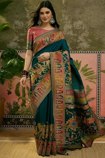 Blue position print with zari weaving saree with contrast blouse piece