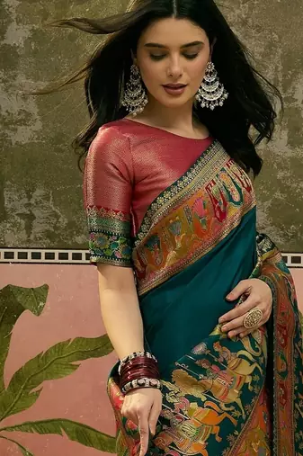 Blue position print with zari weaving saree with contrast blouse piece