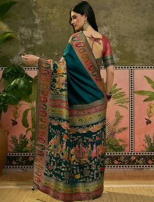 Blue position print with zari weaving saree with contrast blouse piece 5