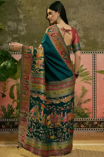 Blue position print with zari weaving saree with contrast blouse piece