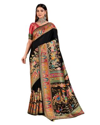 Black position print with zari weaving saree with contrast blouse piece 2