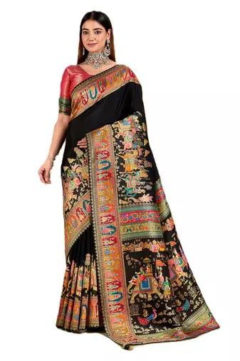 Black position print with zari weaving saree with contrast blouse piece
