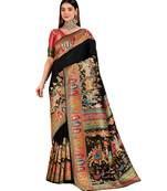 Black position print with zari weaving saree with contrast blouse piece