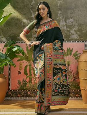 Black position print with zari weaving saree with contrast blouse piece 1