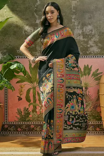 Black position print with zari weaving saree with contrast blouse piece
