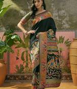 Black position print with zari weaving saree with contrast blouse piece