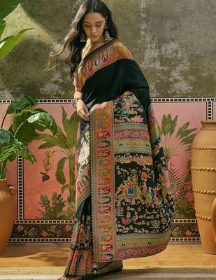 Black position print with zari weaving saree with contrast blouse piece 3