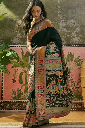 Black position print with zari weaving saree with contrast blouse piece