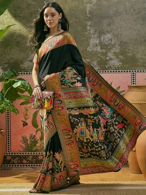 Black position print with zari weaving saree with contrast blouse piece 4