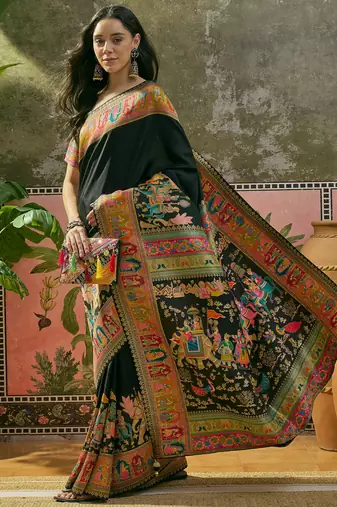 Black position print with zari weaving saree with contrast blouse piece