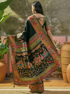 Black position print with zari weaving saree with contrast blouse piece 5