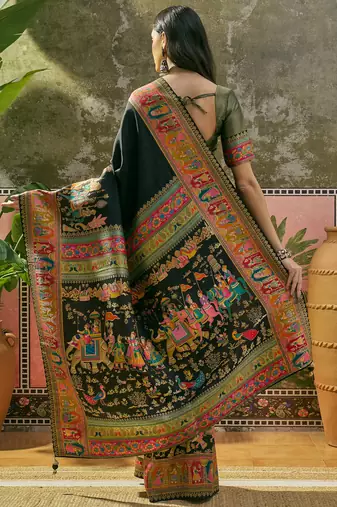 Black position print with zari weaving saree with contrast blouse piece