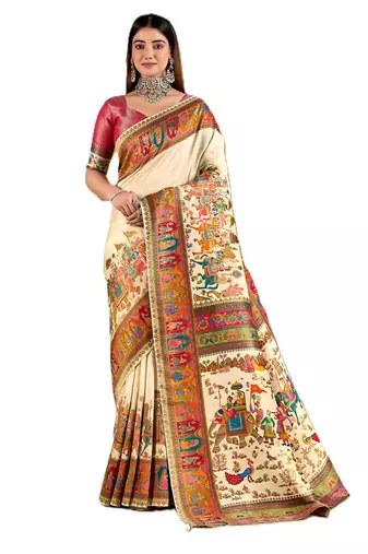 White position print with zari weaving saree with contrast blouse piece