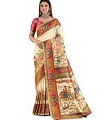White position print with zari weaving saree with contrast blouse piece