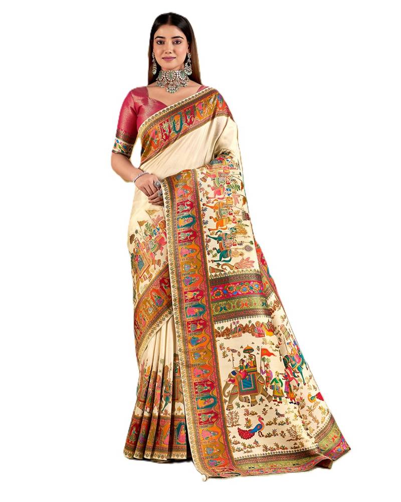 White position print with zari weaving saree with contrast blouse piece