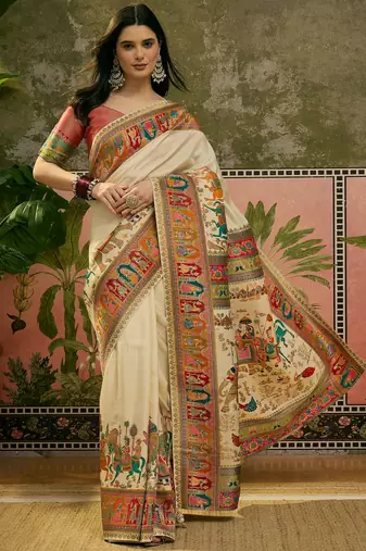 White position print with zari weaving saree with contrast blouse piece