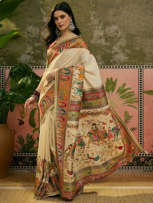 White position print with zari weaving saree with contrast blouse piece 3