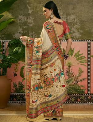 White position print with zari weaving saree with contrast blouse piece 5