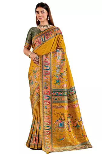 Mustard position print with zari weaving saree with contrast blouse piece