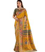 Mustard position print with zari weaving saree with contrast blouse piece