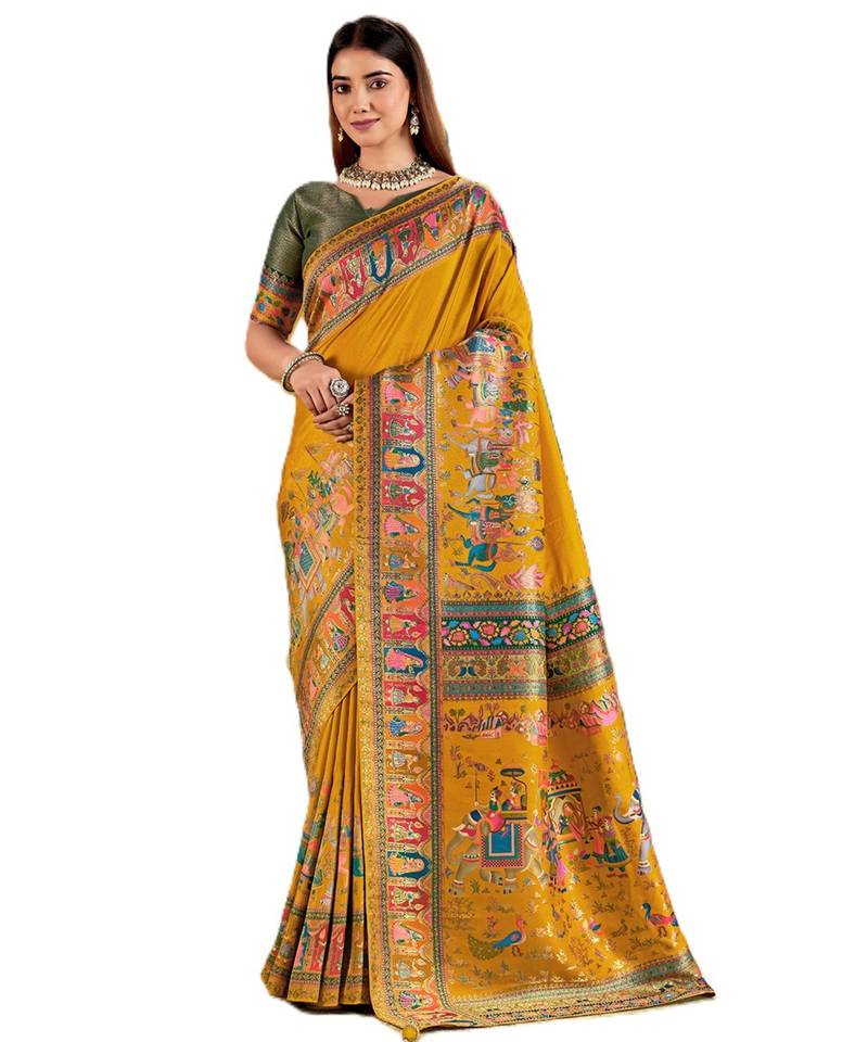 Mustard position print with zari weaving saree with contrast blouse piece