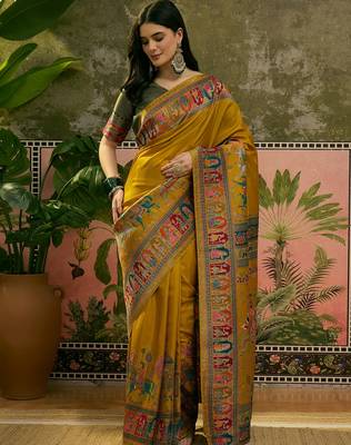 Mustard position print with zari weaving saree with contrast blouse piece 2