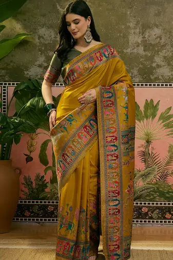 Mustard position print with zari weaving saree with contrast blouse piece