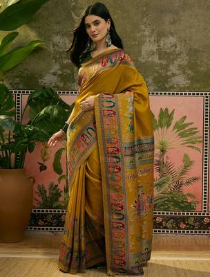 Mustard position print with zari weaving saree with contrast blouse piece 3