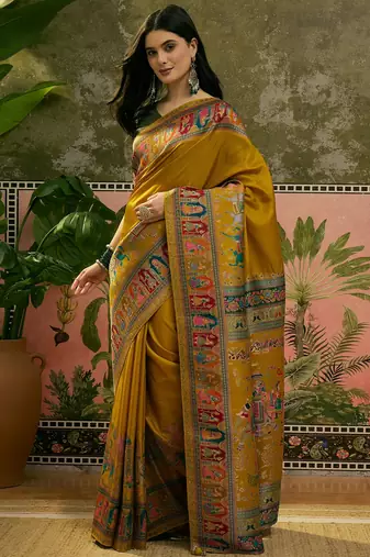 Mustard position print with zari weaving saree with contrast blouse piece