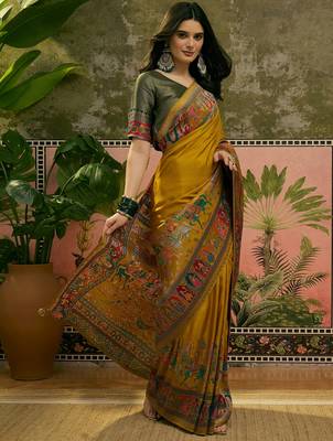 Mustard position print with zari weaving saree with contrast blouse piece 4