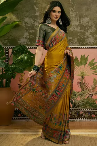 Mustard position print with zari weaving saree with contrast blouse piece