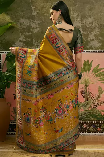 Mustard position print with zari weaving saree with contrast blouse piece