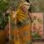 Mustard position print with zari weaving saree with contrast blouse piece