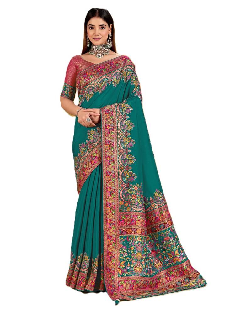 Teal position print with zari weaving saree with contrast blouse piece