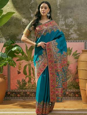 Teal position print with zari weaving saree with contrast blouse piece 2