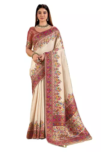 Off white position print with zari weaving saree with contrast blouse piece