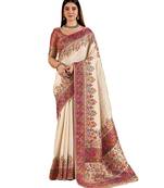Off white position print with zari weaving saree with contrast blouse piece