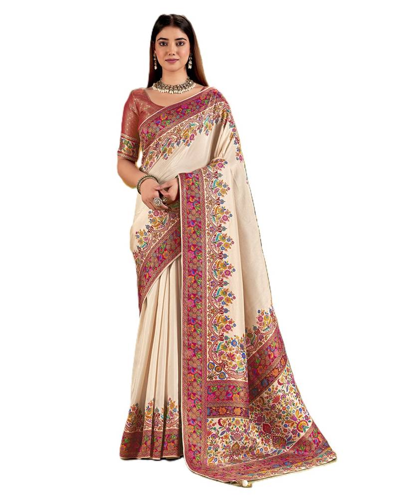 Off white position print with zari weaving saree with contrast blouse piece