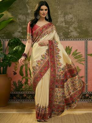 Off white position print with zari weaving saree with contrast blouse piece 1