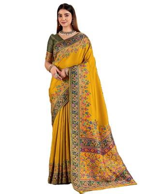 Yellow position print with zari weaving saree with contrast blouse piece 1