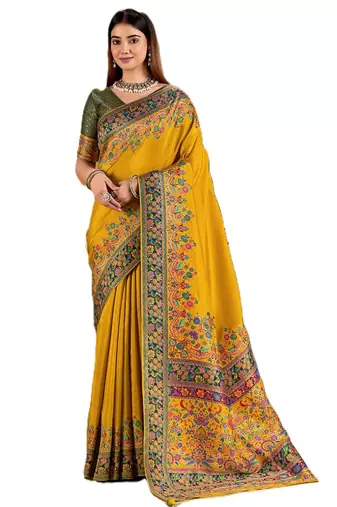 Yellow position print with zari weaving saree with contrast blouse piece