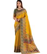 Yellow position print with zari weaving saree with contrast blouse piece
