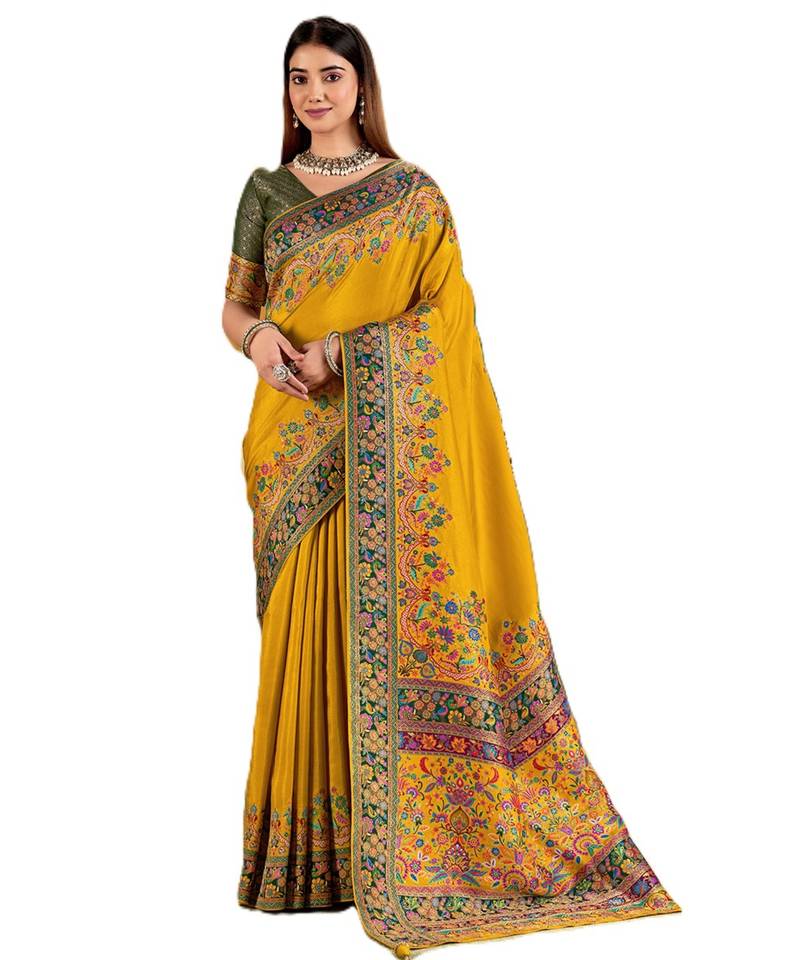 Yellow position print with zari weaving saree with contrast blouse piece