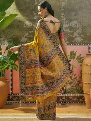 Yellow position print with zari weaving saree with contrast blouse piece 5