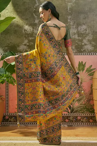 Yellow position print with zari weaving saree with contrast blouse piece