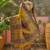 Yellow position print with zari weaving saree with contrast blouse piece