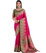 Magenta position print with zari weaving saree with contrast blouse piece