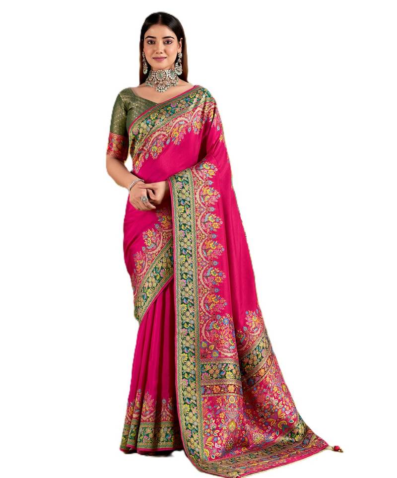 Magenta position print with zari weaving saree with contrast blouse piece